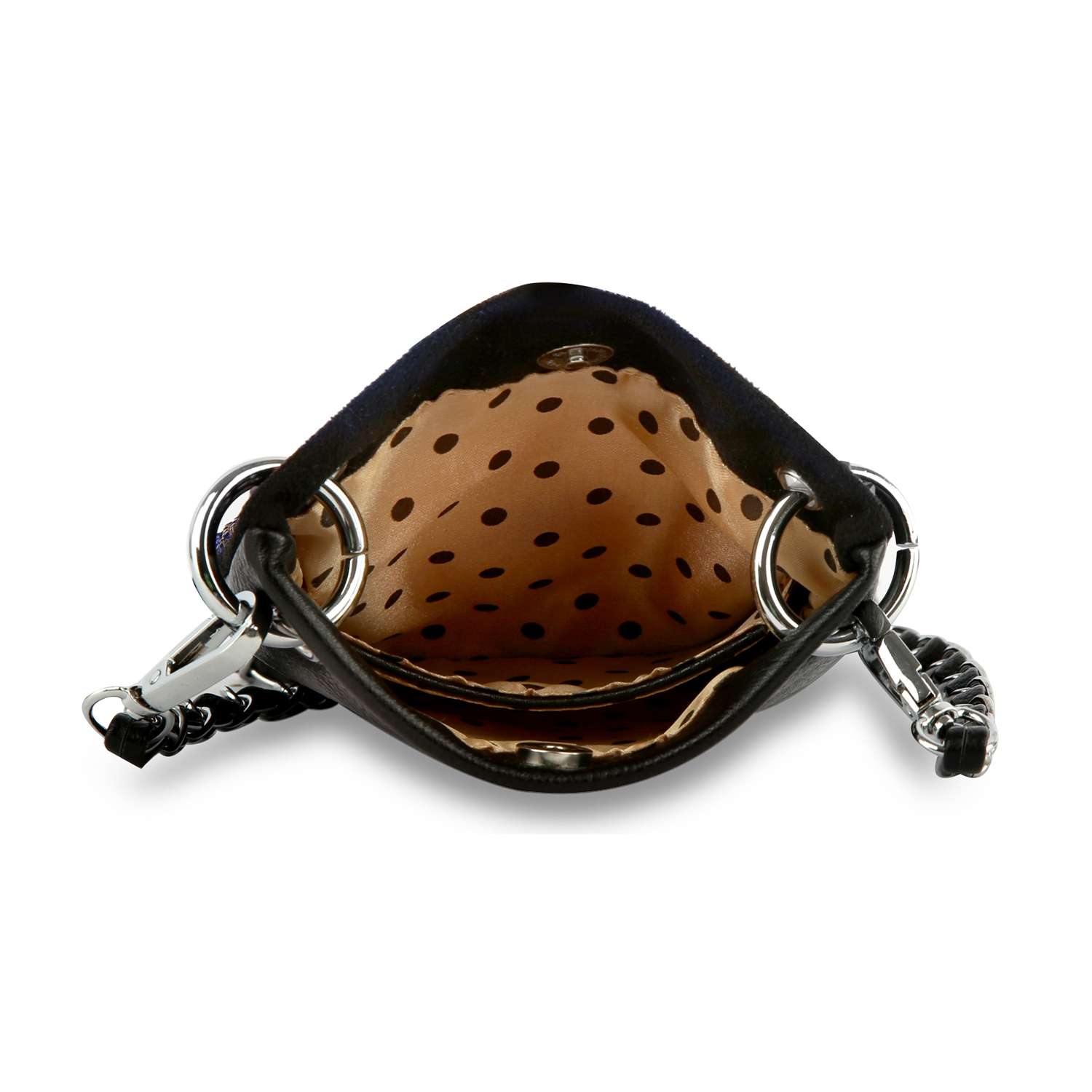 Open the Rhinestone Design Ultra Crossbody Sling in black faux leather, featuring a shiny metal chain strap and tan interior lining with black polka dots.