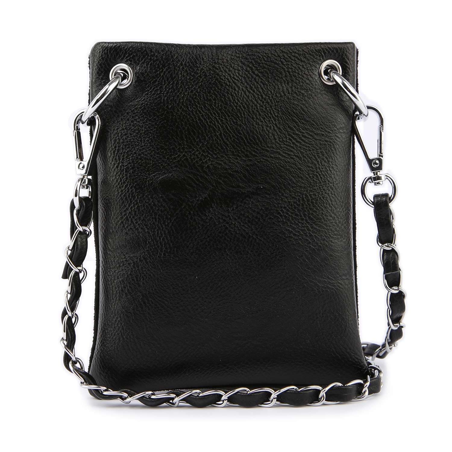 The Rhinestone Design Ultra Crossbody Sling is a petite black faux leather bag with a silver-tone chain strap threaded with leather and silver grommets at the top corners, shown against a white background.