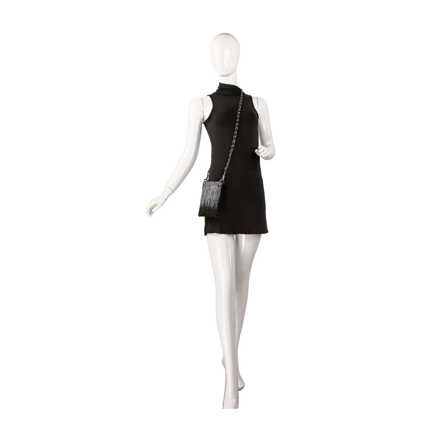 A mannequin in a sleeveless black mini dress with the Rhinestone Design Ultra Crossbody Sling, one arm bent and the other relaxed, stands against a plain white background.