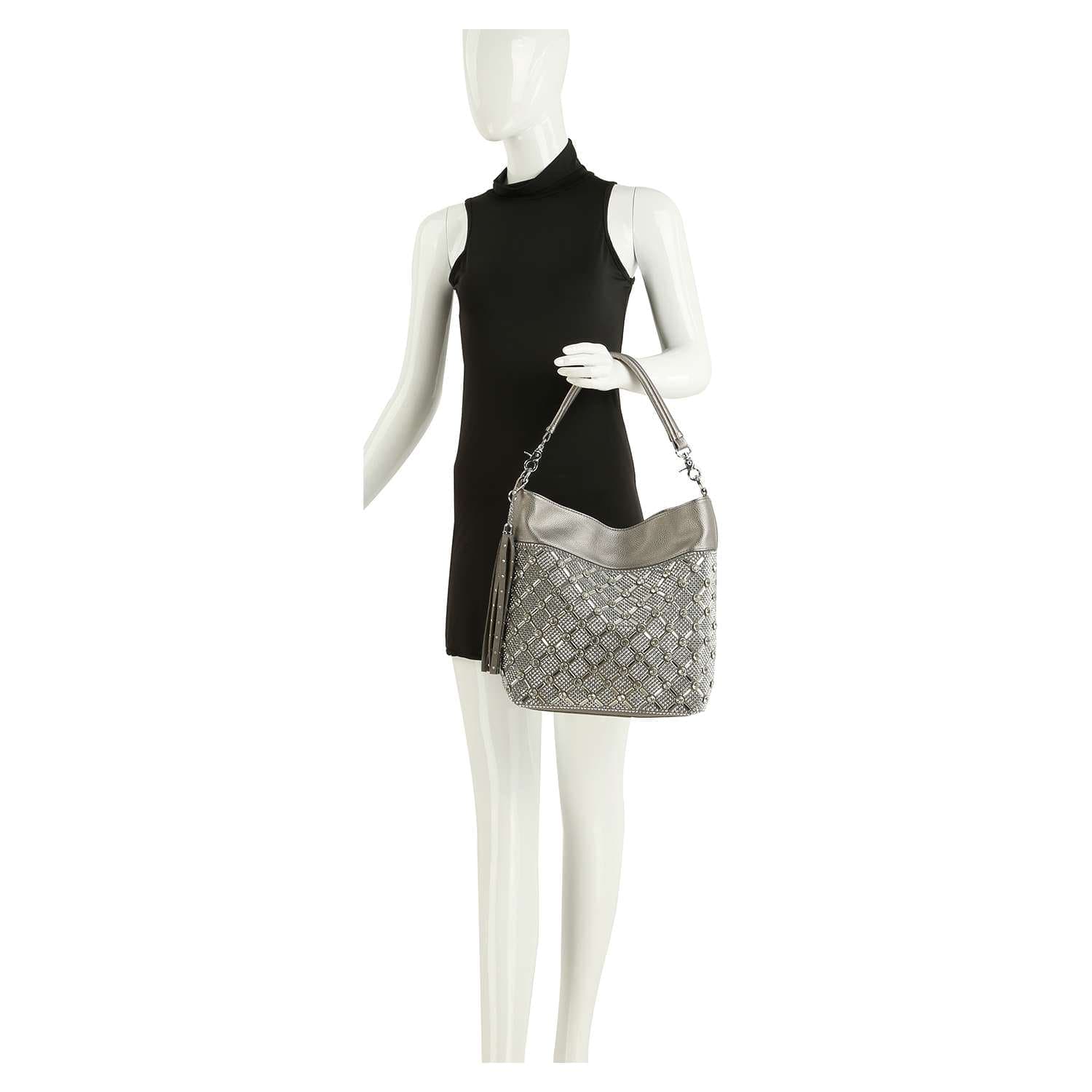 A faceless mannequin in a sleeveless black dress displays the Rhinestone Design Hobo Handbag, featuring a sparkling design and modern style, held over its left forearm.