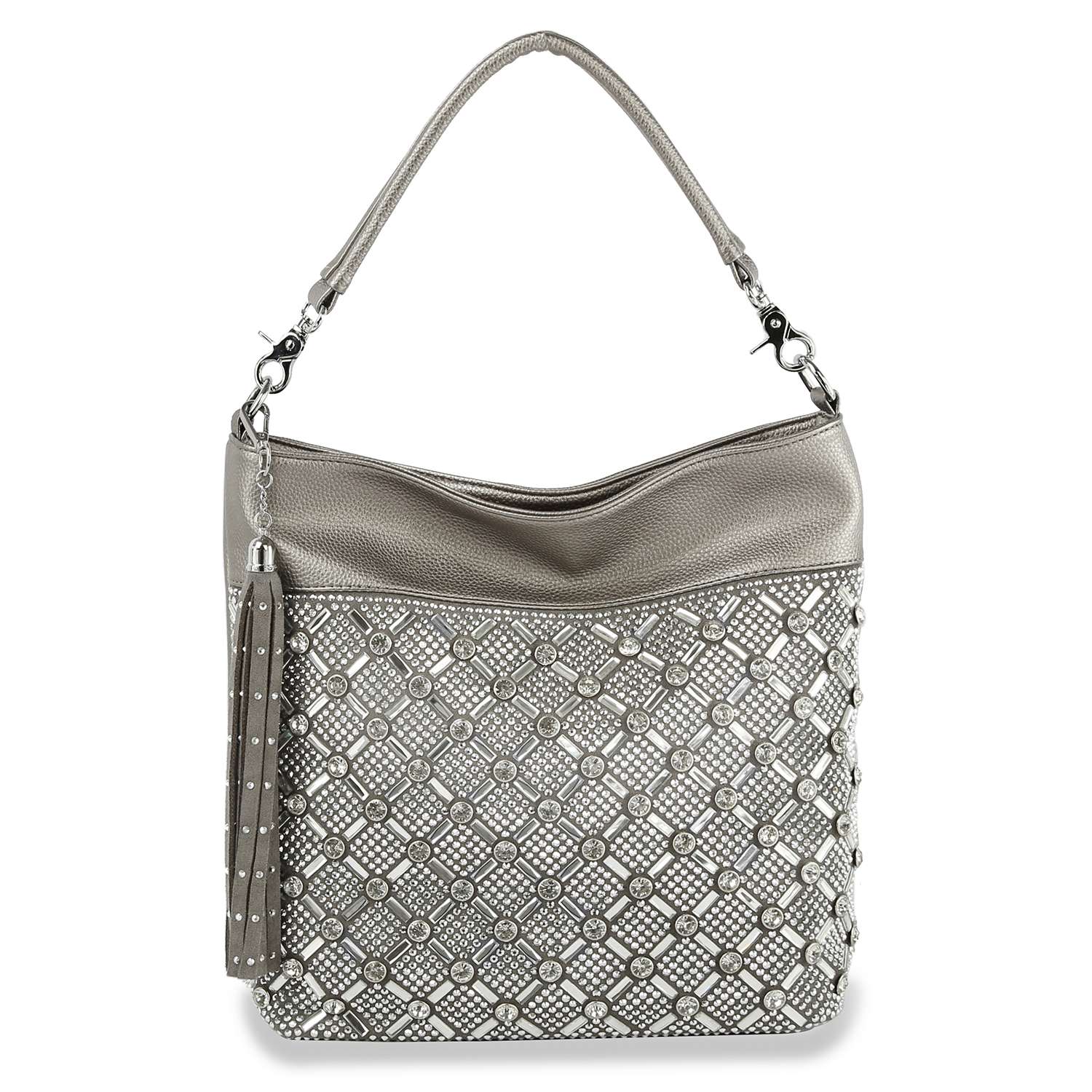 The Rhinestone Design Hobo Handbag is a stylish gray faux leather bag with a textured handle, detachable tassel, and an exterior decorated with geometric silver studs and rhinestones.