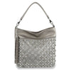 The Rhinestone Design Hobo Handbag is a stylish gray faux leather bag with a textured handle, detachable tassel, and an exterior decorated with geometric silver studs and rhinestones.