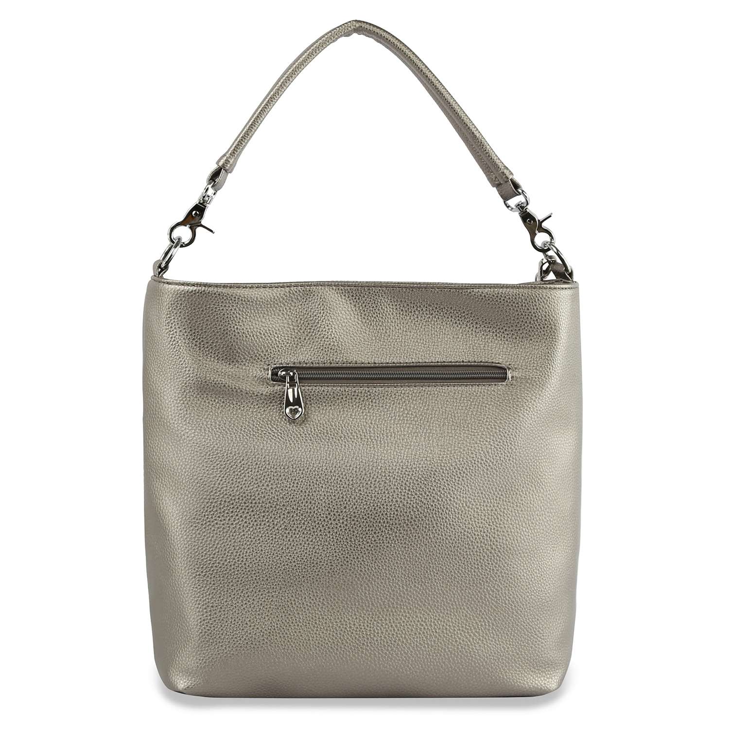 The Rhinestone Design Hobo Handbag features a metallic silver faux leather with a pebbled texture, single top handle, detachable hooks, front zipper pocket, and a sleek, minimalist design—ideal for everyday style.