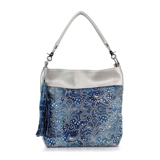 The Layered Lace Pattern Hobo Handbag features a metallic silver top, blue lower section with lace and white dotted designs, a silver handle, and blue tassel accents for a stylish look.