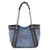 The Chain and Rhinestone Studded Tote is a stylish blue bag with black handles, silver chain accents, and geometric patterns of silver rhinestones and studs on the front.