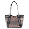 The Chain and Rhinestone Studded Tote is a structured faux leather bag with a leopard print, silver studs, and rhinestones. It features dual chain and leather handles for a stylish, chic appearance.
