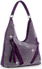 The Front Pocket Sparkling Hobo Handbag is a purple faux leather shoulder bag with rhinestones, two front zipper pockets with tassels, and a sturdy handle—stylish and tablet compatible.