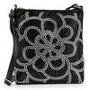 The Stunning Rhinestone Design Crossbody Sling is a sleek black handbag with silver rhinestones in a floral pattern, featuring a thin adjustable strap and top zipper for secure storage.
