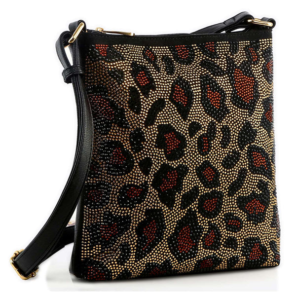 Leopard Print Rhinestone Crossbody Sling - Black