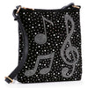 The Musical Note Rhinestone Crossbody Sling is a lightweight faux leather bag with silver rhinestones in treble clef and note designs, featuring an adjustable strap for comfort and adding musical sparkle to any outfit.