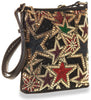 The Star Design Rhinestone Crossbody is a black, lightweight purse with gold, red, and green rhinestone stars, a zippered top, and a long adjustable strap.