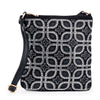 The Art Deco Design Crossbody Sling is a black bag with white and silver bead geometric patterns, adjustable faux leather strap, and gold buckle hardware.