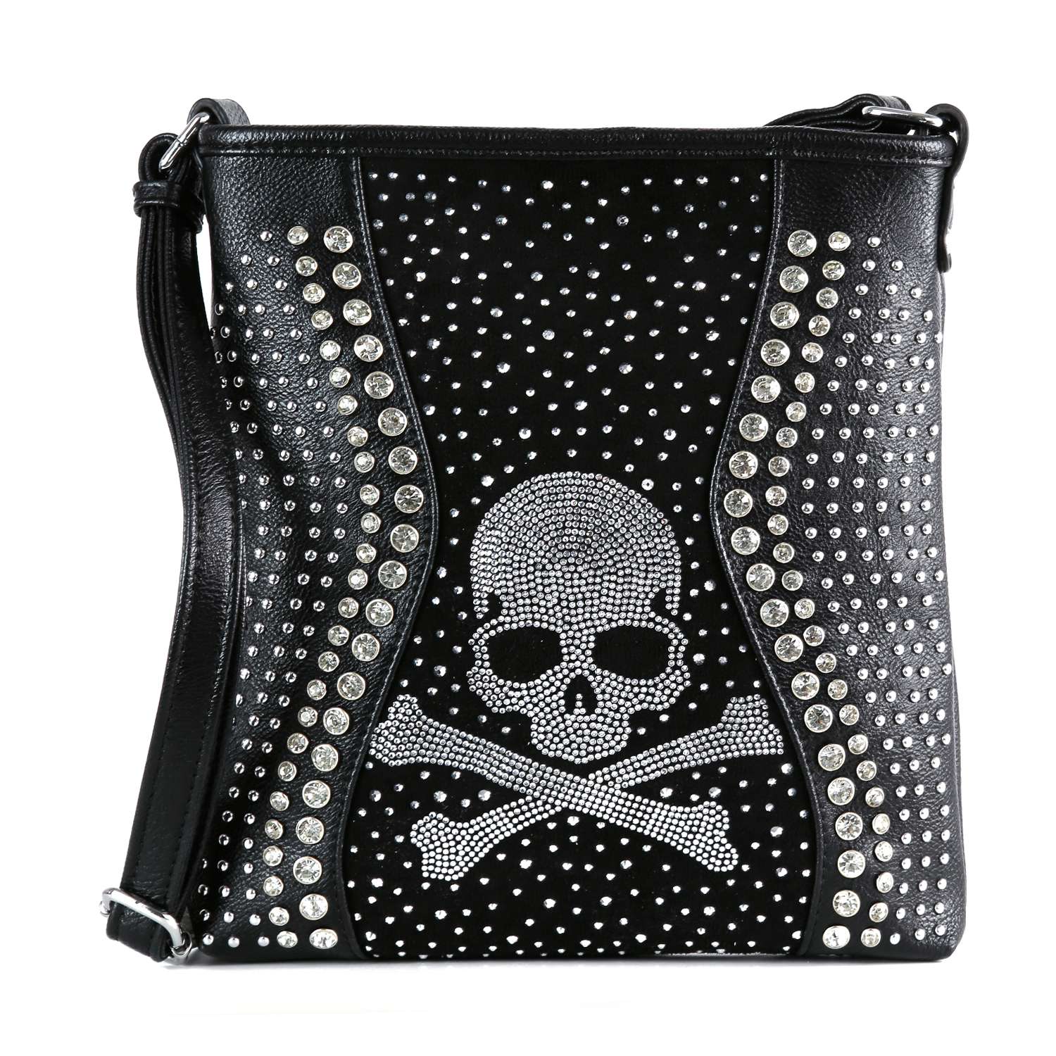 The Skull Rhinestone Crossbody Sling is a black faux leather bag with silver studs and rhinestones, highlighted by a bold skull and crossbones design—perfect for making an edgy statement.