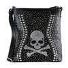 The Skull Rhinestone Crossbody Sling is a black faux leather bag with silver studs and rhinestones, highlighted by a bold skull and crossbones design—perfect for making an edgy statement.
