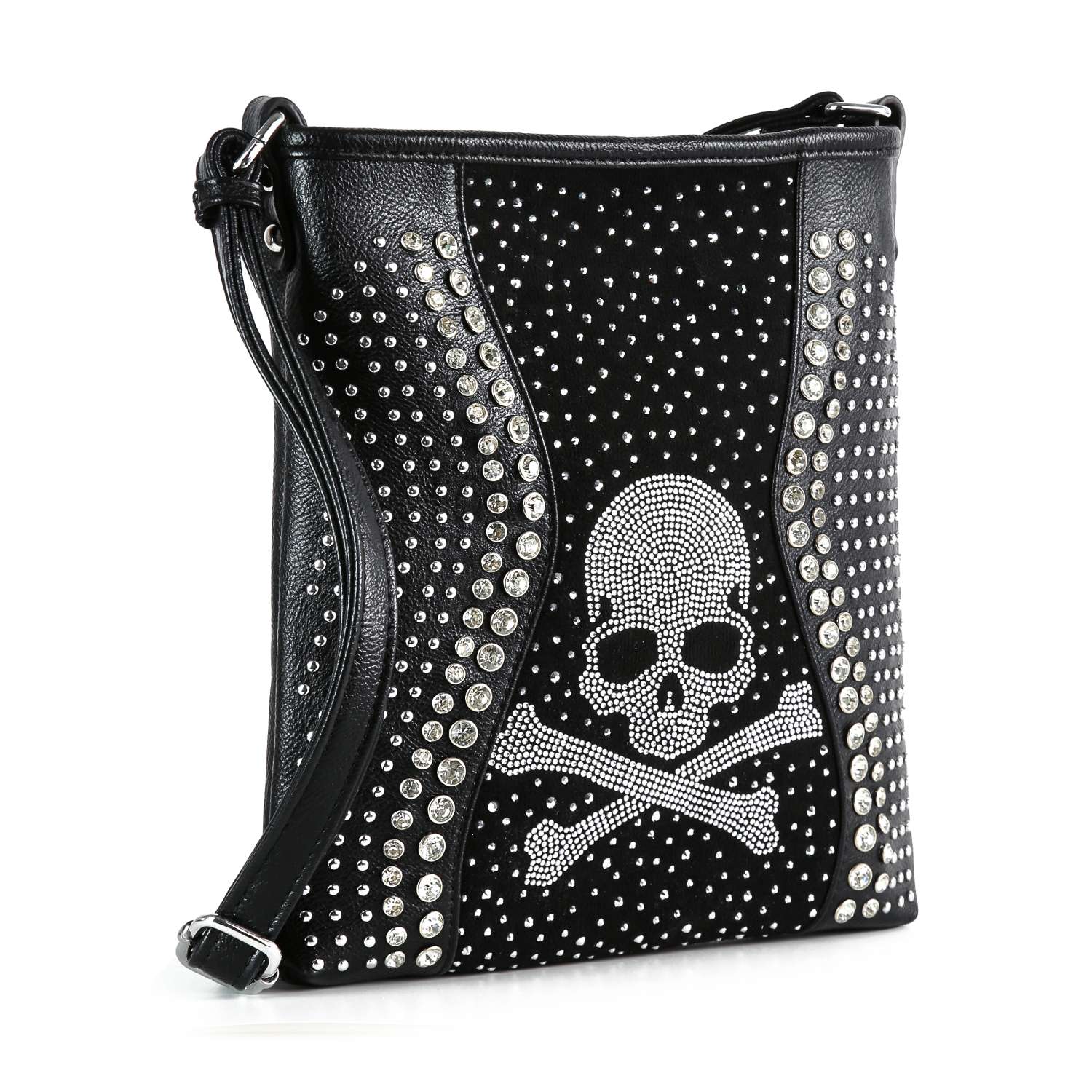 The Skull Rhinestone Crossbody Sling is a black faux leather bag with silver studs, sparkling rhinestones, and a bold skull and crossbones design. Includes both wrist and crossbody straps for versatile carrying.