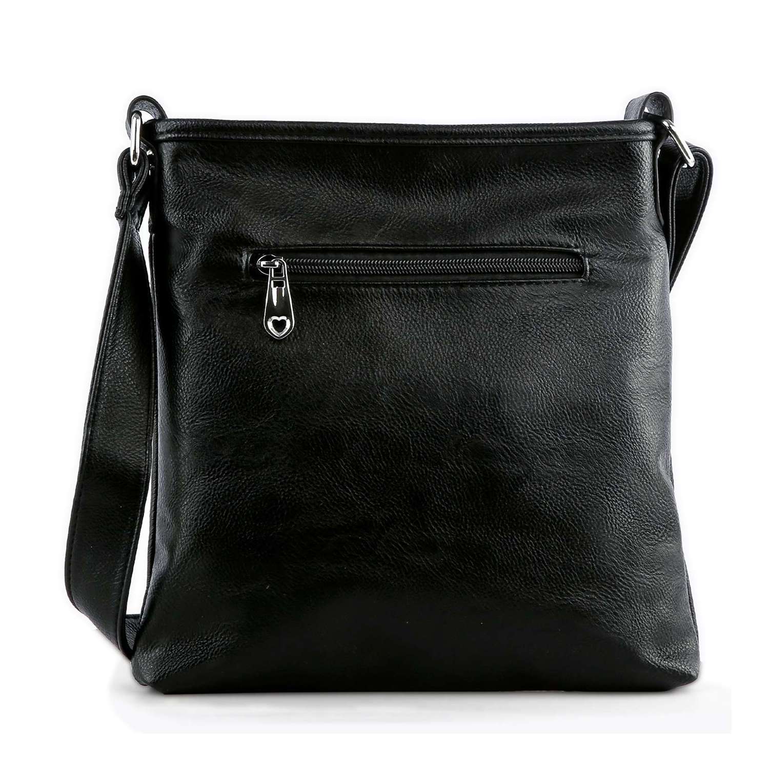 The Skull Rhinestone Crossbody Sling is a black faux leather bag with a long adjustable strap and a small zippered front pocket.