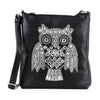 The Owl Rhinestone Design Crossbody Sling features black faux leather and a large jeweled owl on the front, adorned with silver and mirrored rhinestone accents for a sparkling, eye-catching look.