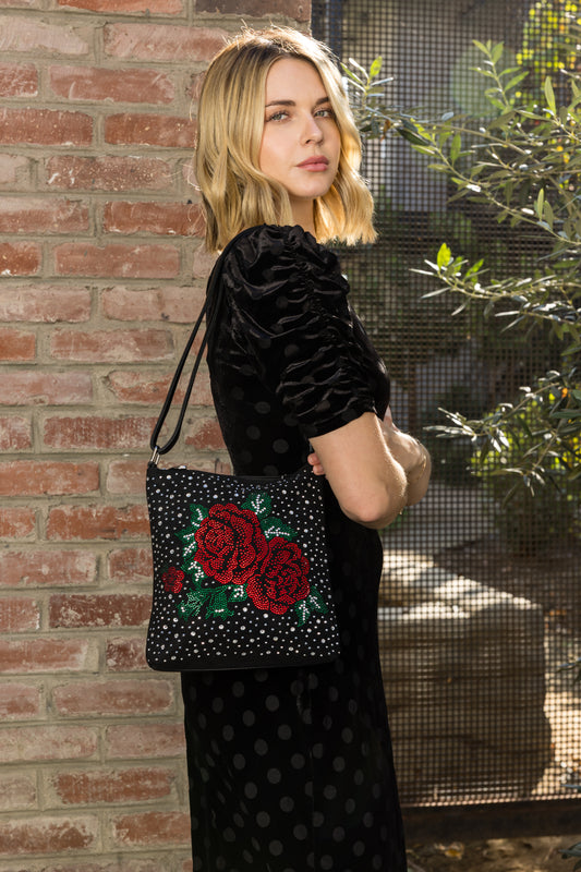 Rose Design Rhinestone Crossbody Sling