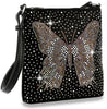 The Rhinestone Butterfly Crossbody Sling is a black faux leather bag with a large sparkling rhinestone butterfly design, scattered rhinestones for shimmer, and an adjustable strap for comfort.