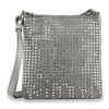 The Dazzling Rhinestone Crossbody Sling is a gray faux leather bag with a long adjustable strap, topped with rows of shiny silver studs and a modern zip closure for elegant style.