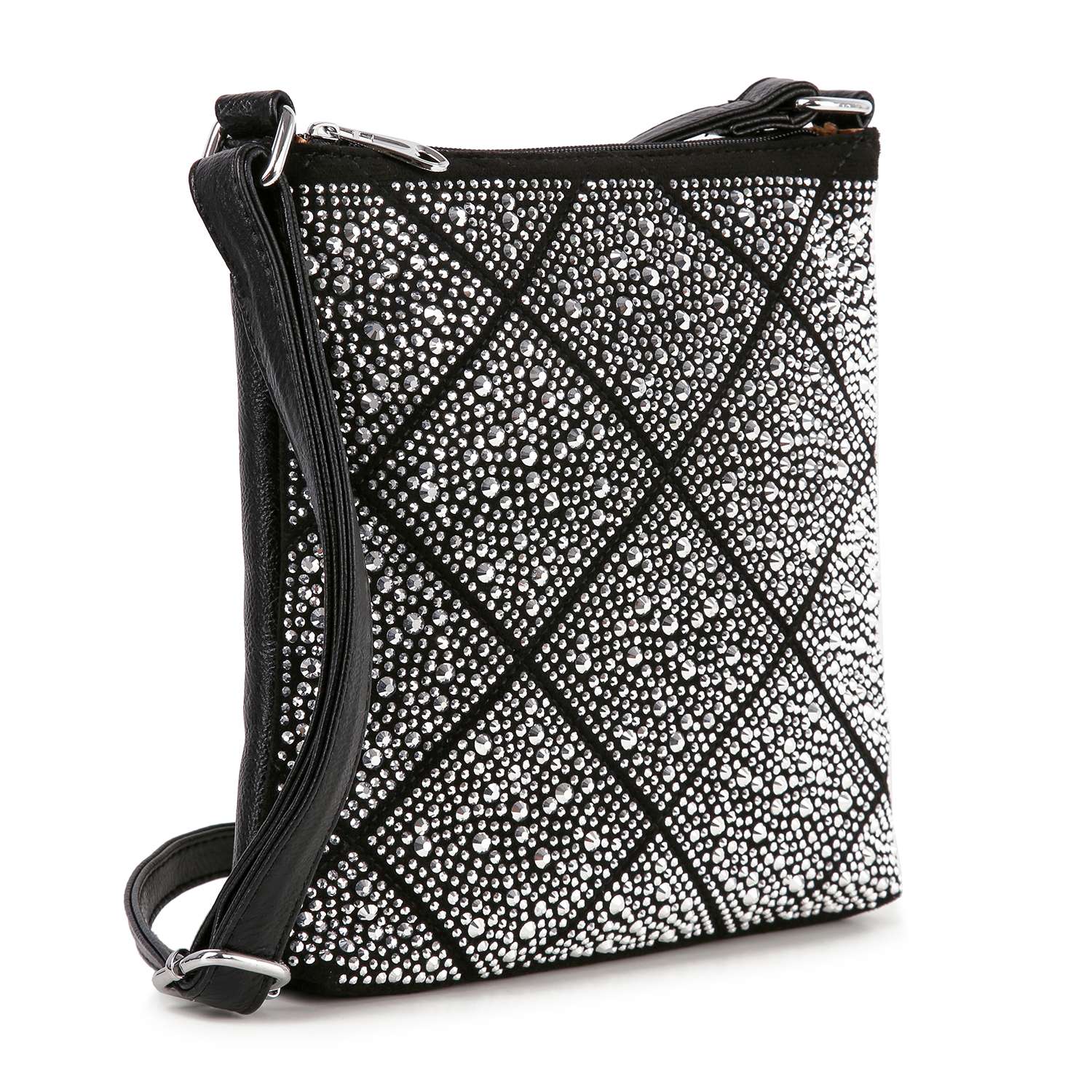 The Super Sparkling Crossbody Sling is a black faux leather bag with a diamond pattern of silver studs, a slim adjustable strap, and a zippered top—ideal for staying hands free on the go.