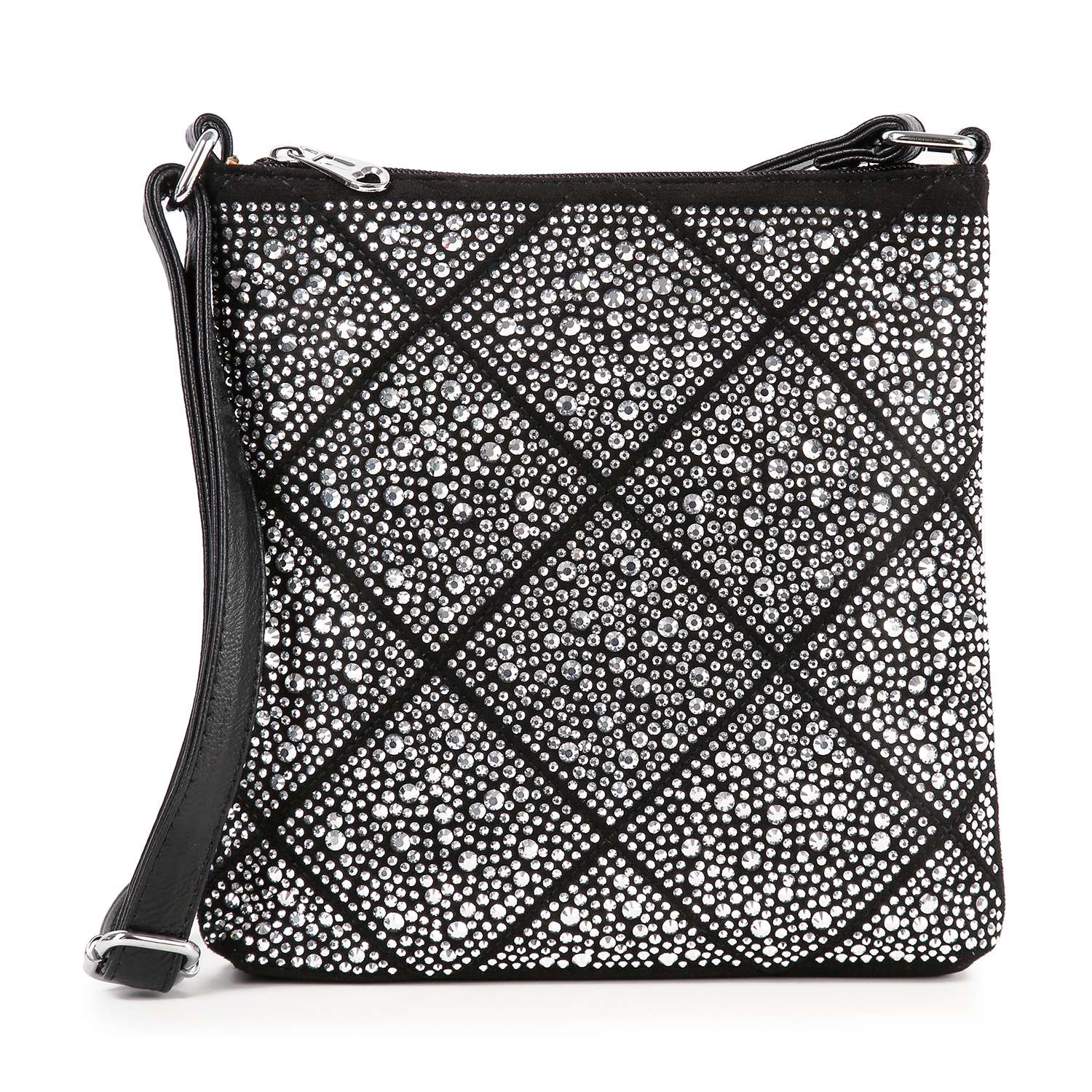 The Super Sparkling Crossbody Sling is a square black faux leather bag with silver rhinestones in a diamond pattern, featuring a black strap and silver hardware for a chic hands-free look.