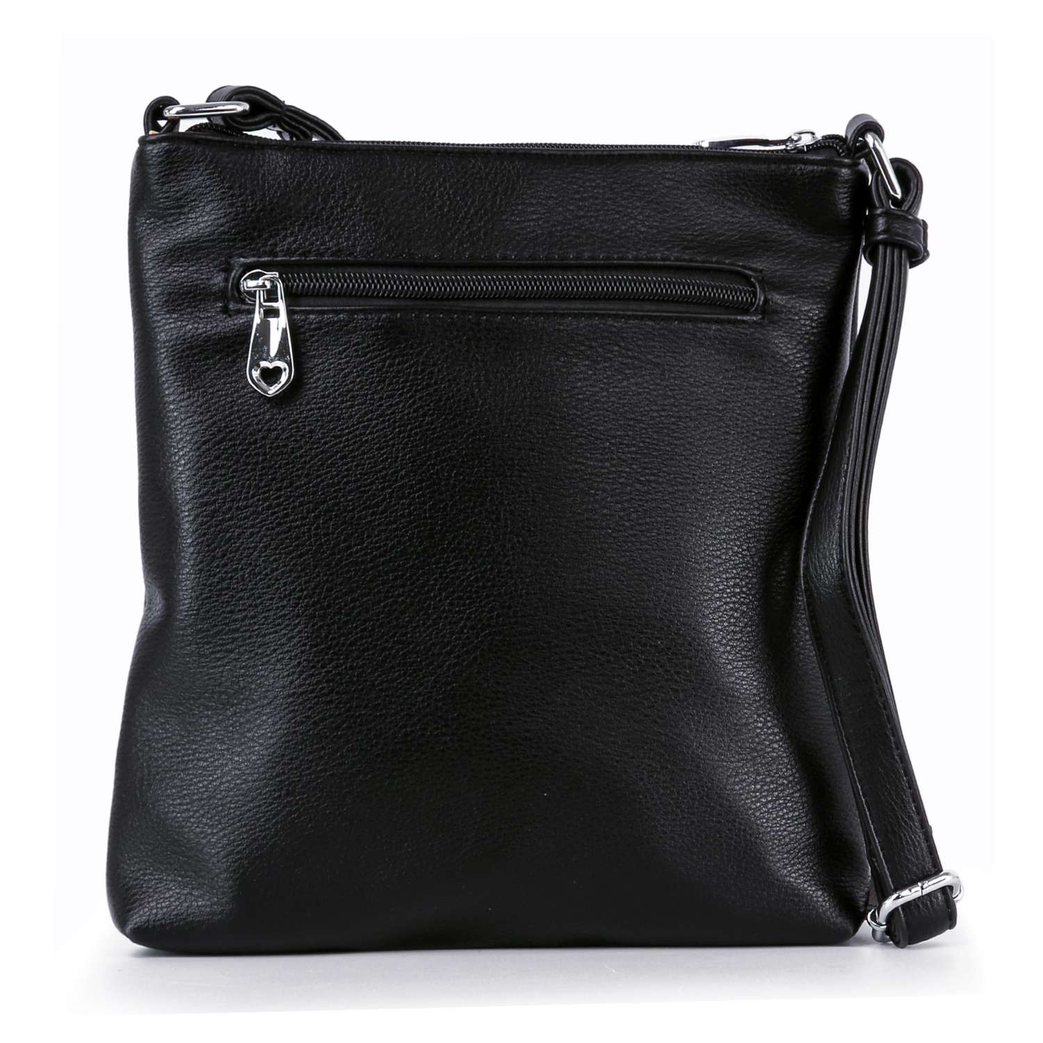 The Super Sparkling Crossbody Sling is a black faux leather bag with a silver front zipper and adjustable shoulder strap, perfect for hands-free convenience, shown against a white background.