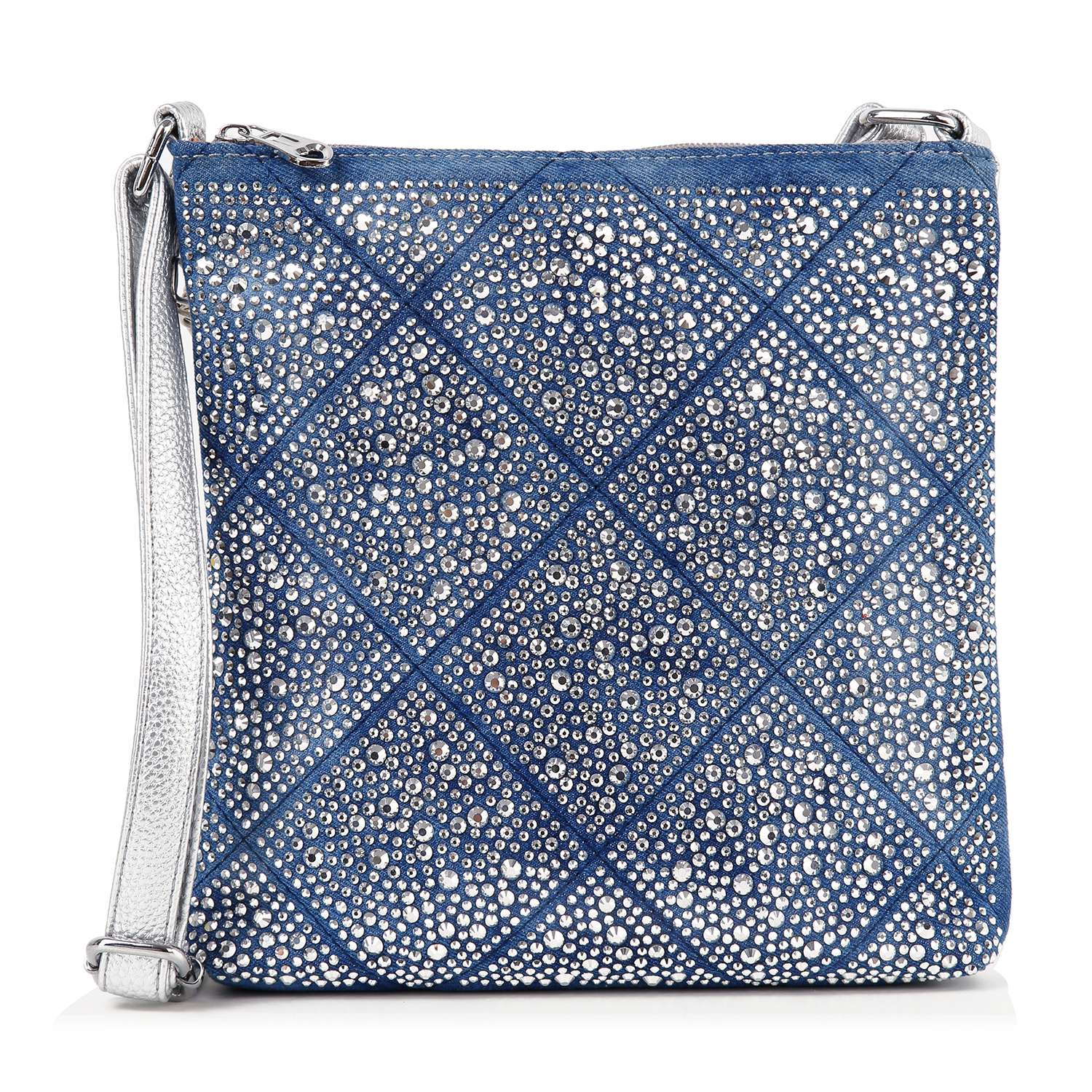 The Super Sparkling Crossbody Sling is a square, blue faux leather bag with a silver crisscross pattern, sparkling rhinestones, and a metallic silver strap for hands-free style.