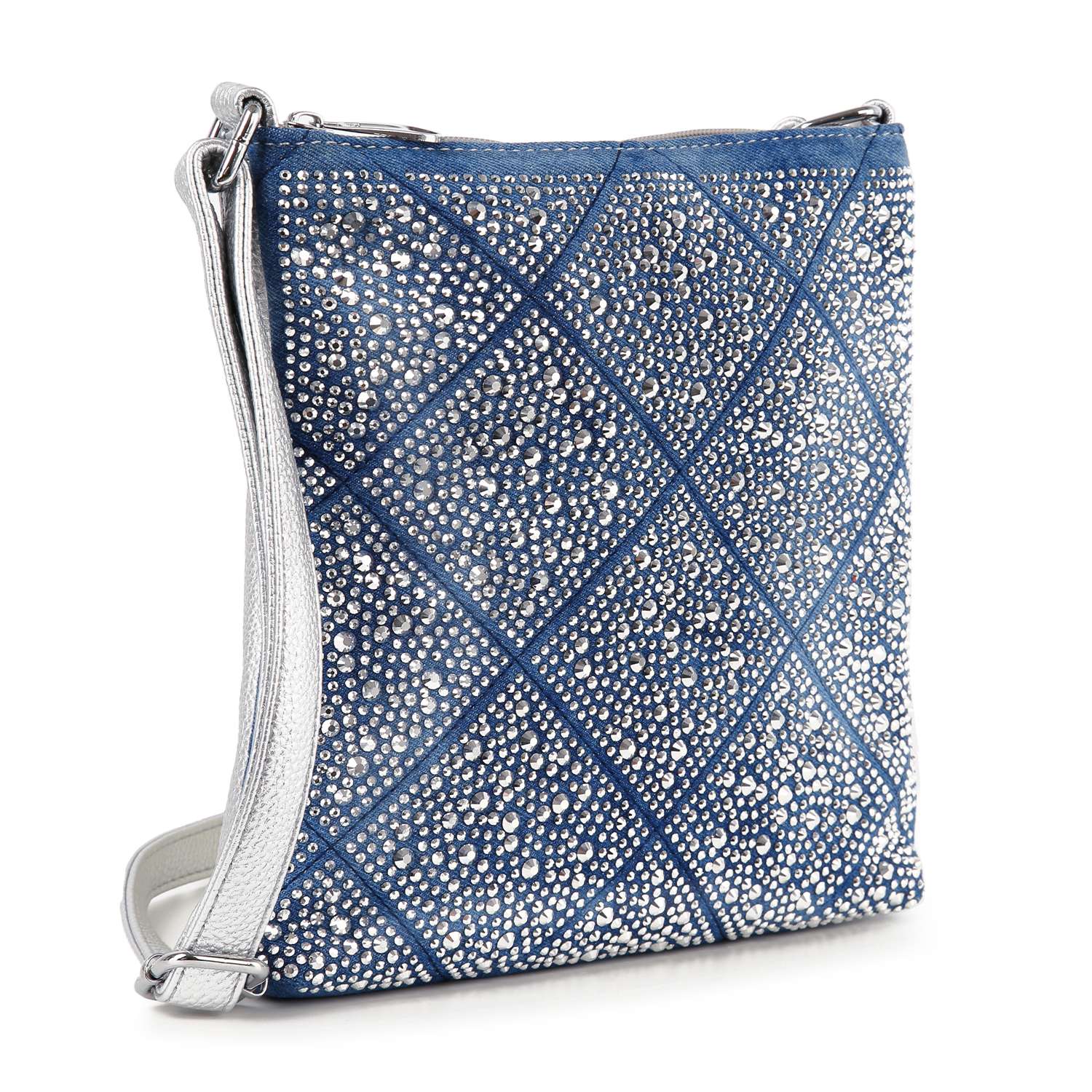 The Super Sparkling Crossbody Sling is a blue faux leather bag with a silver adjustable strap, detailed with small silver studs in a diamond pattern—perfect for carrying your essentials hands free and in style.