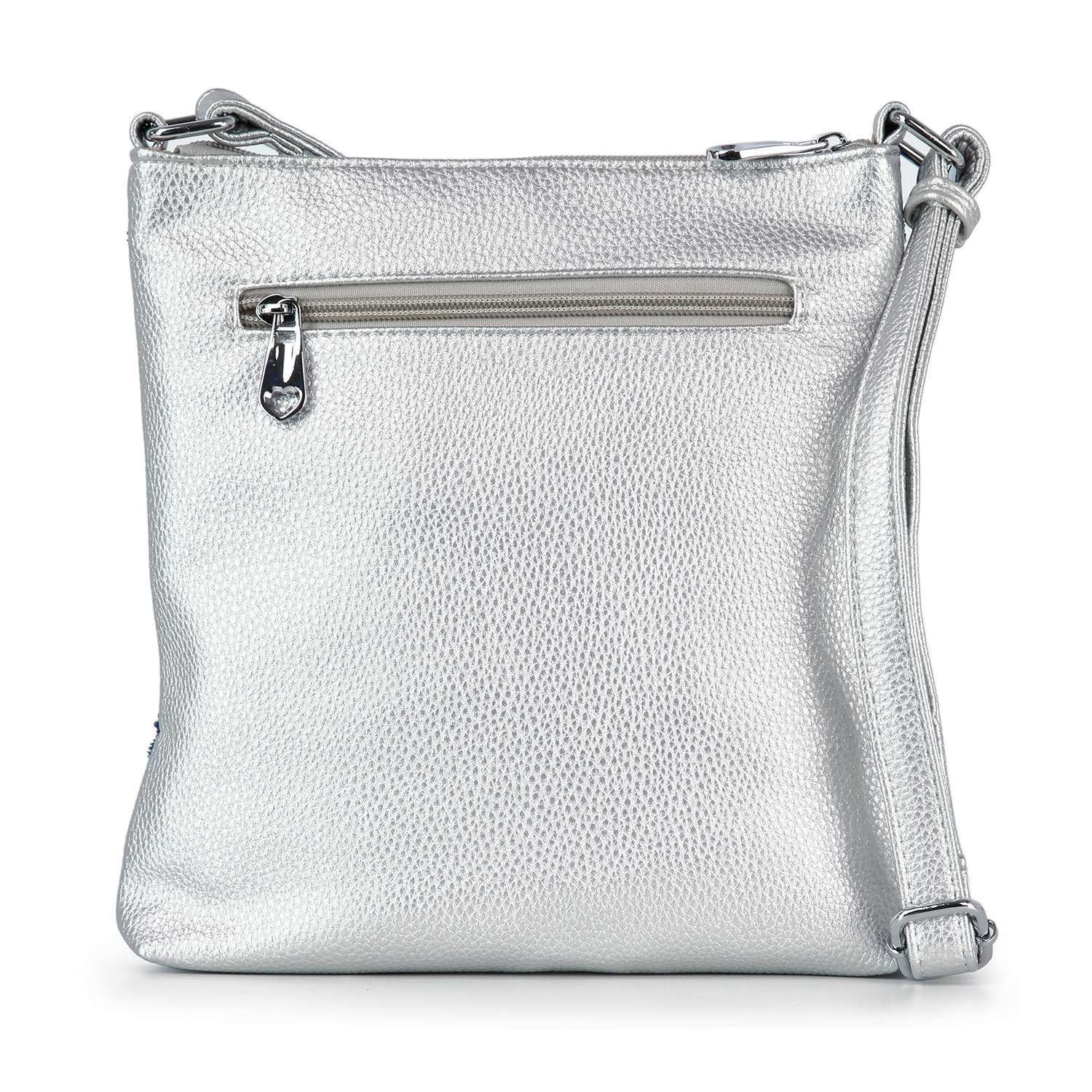 The Super Sparkling Crossbody Sling is a metallic silver faux leather bag with a textured finish, front zippered pocket, and adjustable shoulder strap for hands-free ease.