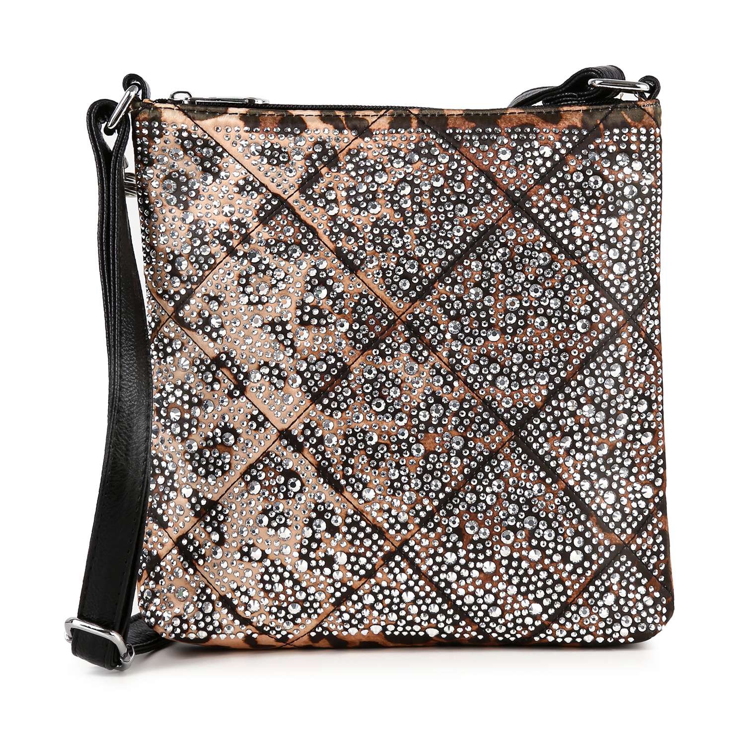 The Super Sparkling Crossbody Sling is a square faux leather bag with a black strap, showcasing a beige and black geometric grid covered in shiny studs—perfect for carrying your essentials hands-free.