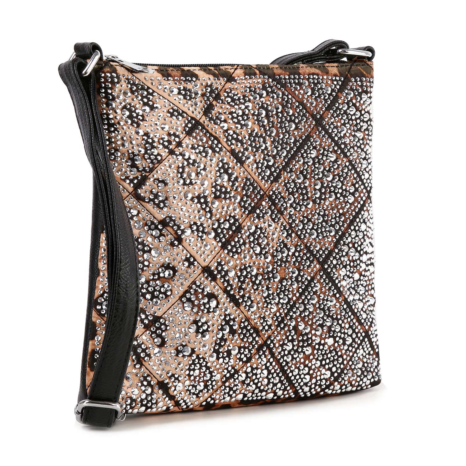 The Super Sparkling Crossbody Sling is a square faux leather bag with a black adjustable strap, showcasing a geometric pattern in tan, brown, and black, plus silver studs and rhinestones for a chic hands-free style.