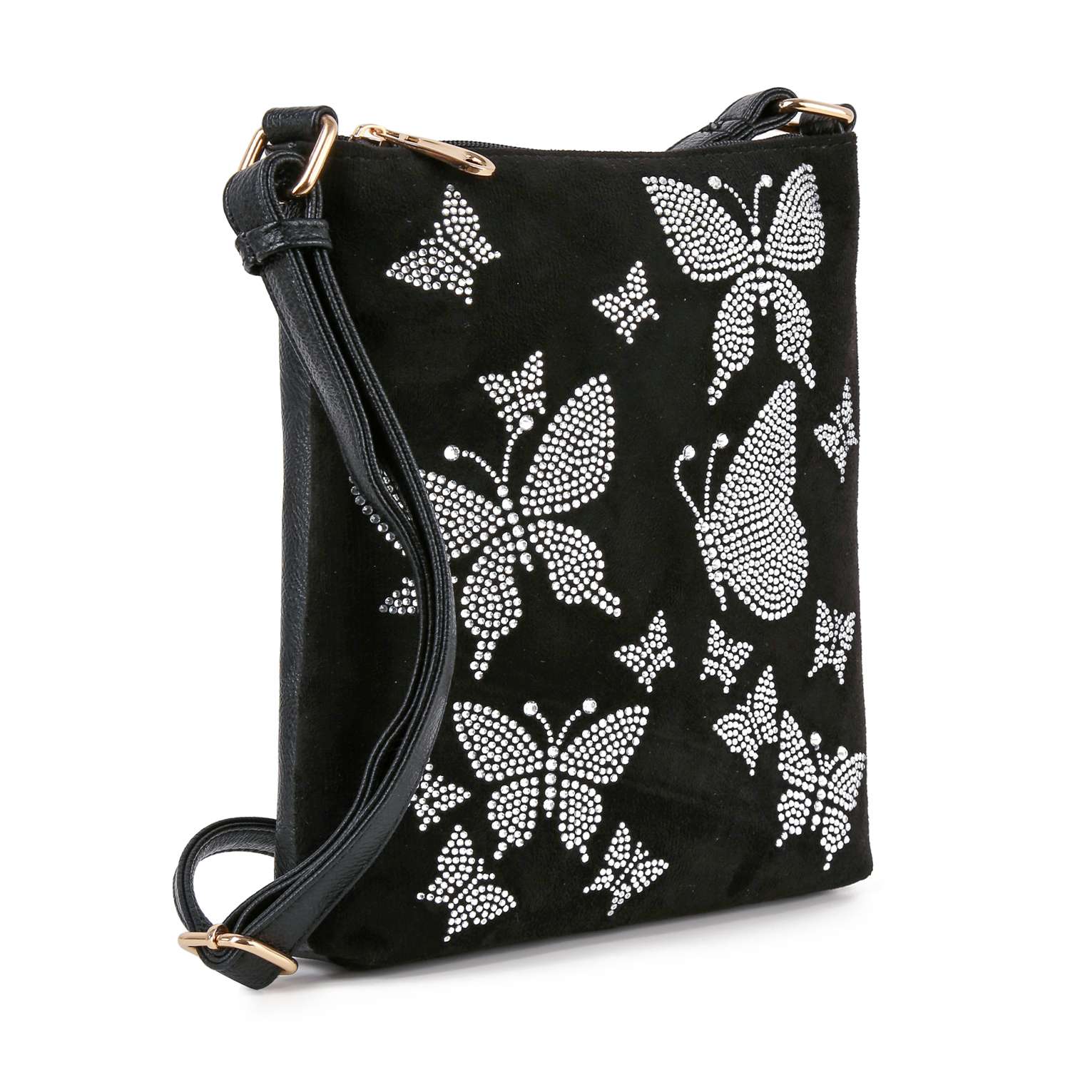The Rhinetone Butterfly Design Crossbody Sling features black faux leather, a long adjustable strap, white rhinestone butterflies in various sizes, and gold hardware accents.