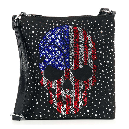 Spectacular American Flag Skull Rhinestone Crossbody Bag