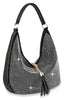The Sparkling Large Hobo Handbag features a chic black design with dazzling rhinestones, a gold zipper, and a sleek leather tassel. Its curved silhouette and single shoulder strap make it both stylish and practical.