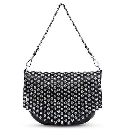 The Studded Fringe Shoulder Bag is a black faux leather shoulder bag with a chain strap, embellished all over with large round silver studs for a bold, shiny look.