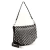The Studded Fringe Shoulder Bag is a black faux leather shoulder bag with a silver chain strap and a flap adorned with shiny silver studs, shown against a white background.