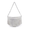 The Studded Fringe Shoulder Bag features metallic silver faux leather, a chain strap, shiny silver studs, and vertical crystal fringe accents, all set against a white background.