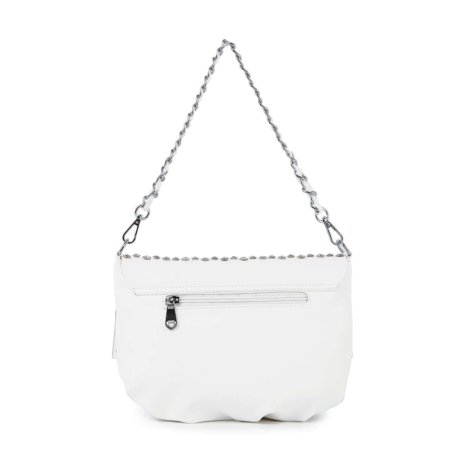 The Studded Fringe Shoulder Bag features white faux leather, a silver chain strap, scalloped edge detail, a front zip pocket, and a smooth texture for a simple, elegant look.