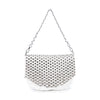 The Studded Fringe Shoulder Bag features white faux leather, a flap adorned with rows of silver studs, and a silver chain strap. Shown against a plain white background.