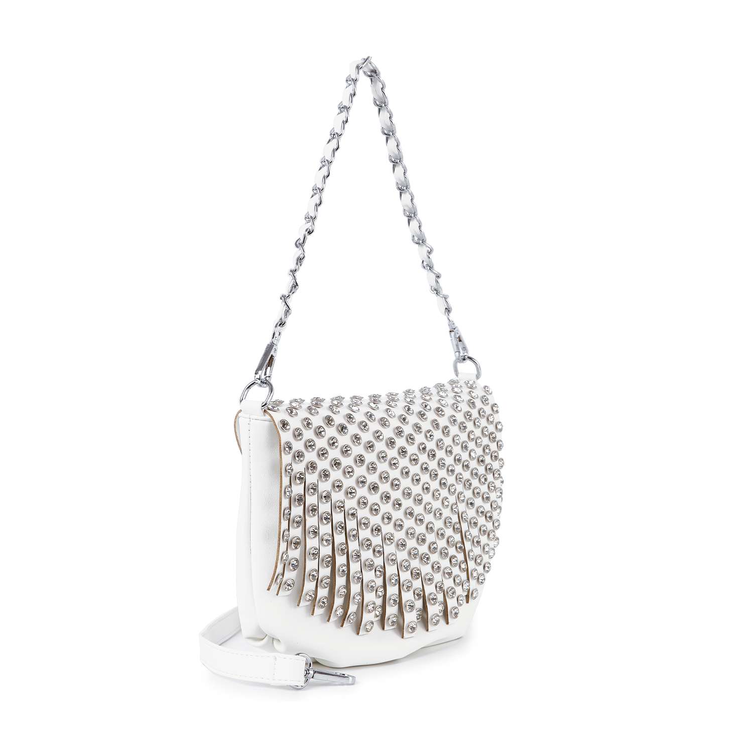 The Studded Fringe Shoulder Bag is a white faux leather shoulder bag with a silver chain strap, silver studs on the flap, and long crystal fringe detailing on the front.