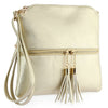 The Tassel Accented Crossbody Sling is a gold, textured faux leather purse featuring a zippered front pocket with two matching tassel accents and a detachable wrist strap. Lightweight and stylish, perfect for carrying essentials.