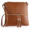 The Tassel Accented Crossbody Sling is a brown faux leather purse with a gold zipper, two brown tassel pulls, a smooth finish, and an adjustable strap for lightweight, comfortable wear.