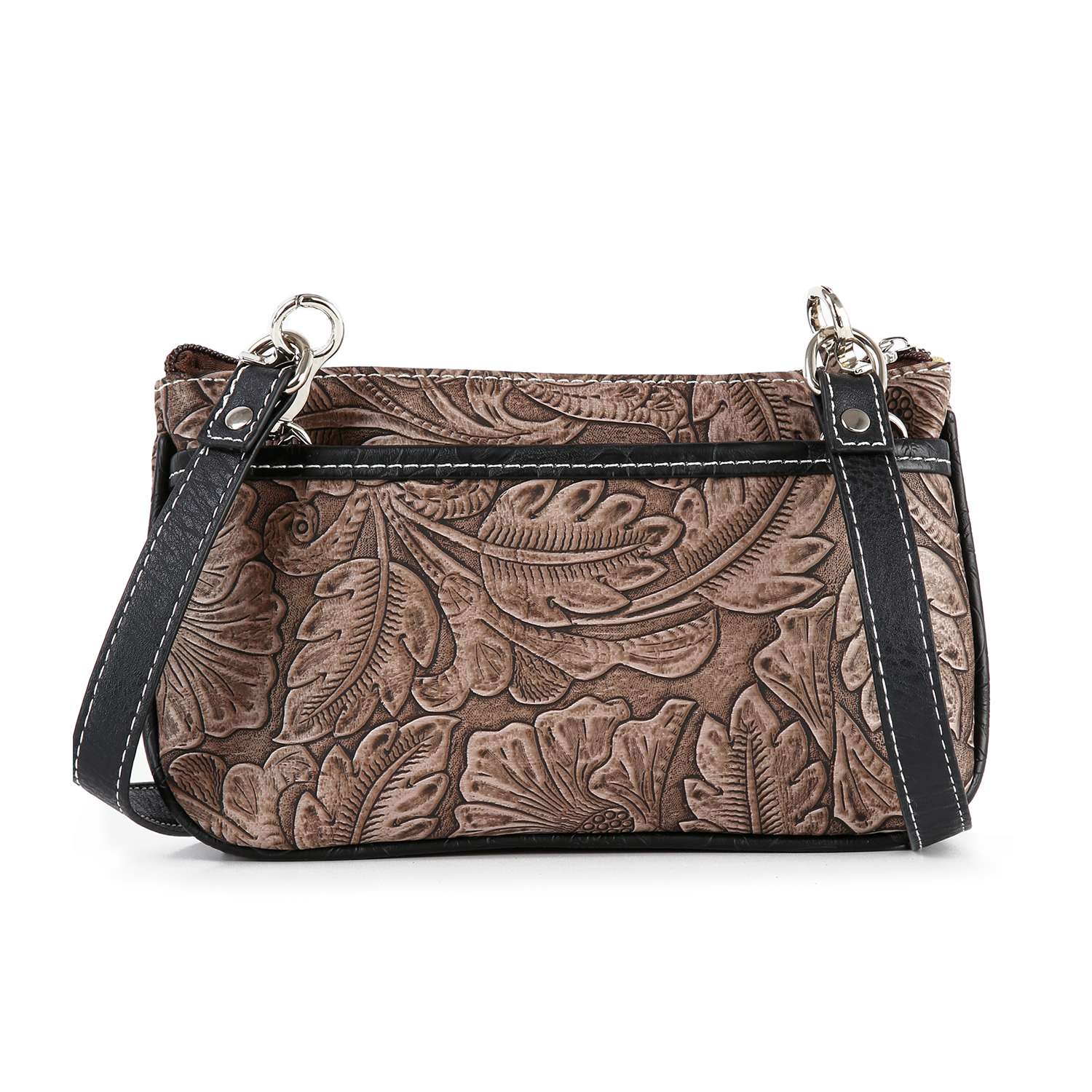 The Western Design Petite Crossbody Sling features brown faux leather, an embossed floral leaf pattern, black trim and strap, silver hardware, and fits a tablet—perfect for adding a stylish western accent to your outfit.
