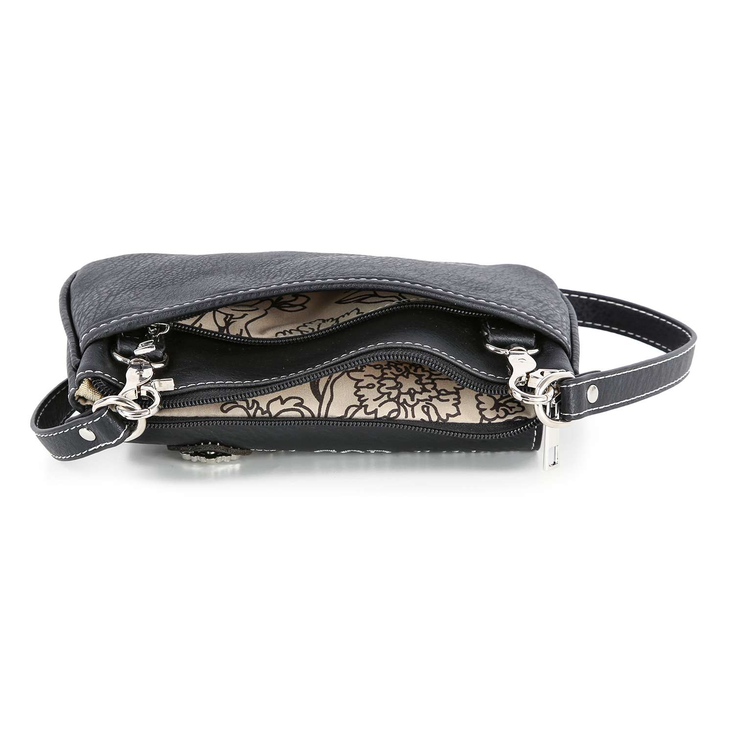 The Western Design Petite Crossbody Sling is a small black faux leather purse with a zippered opening, beige floral-patterned lining, silver hardware, and a wristlet strap visible.