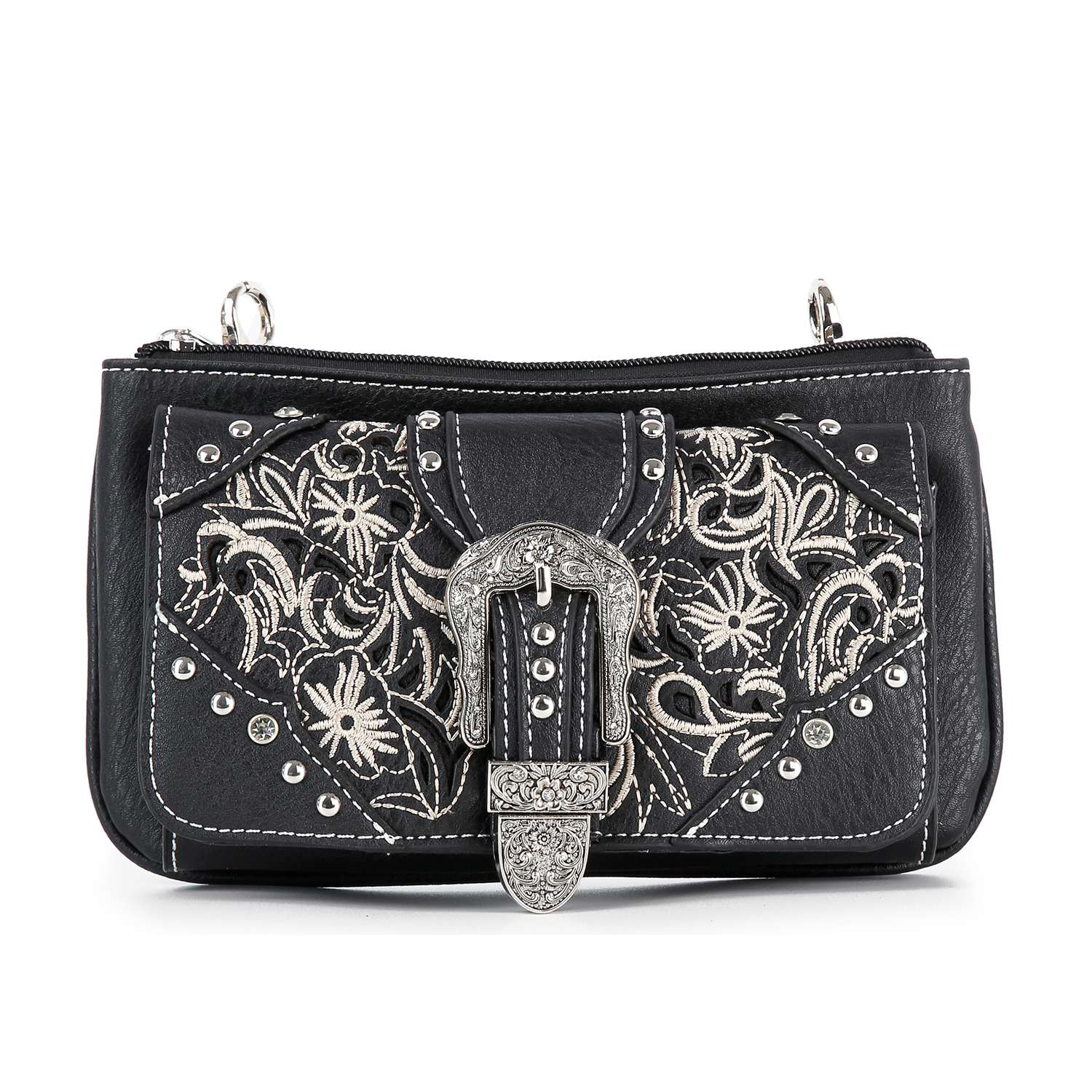 The Western Buckle Design Petite Crossbody Sling is a black clutch featuring silver floral embroidery, metal studs, and a statement silver belt buckle on the front.
