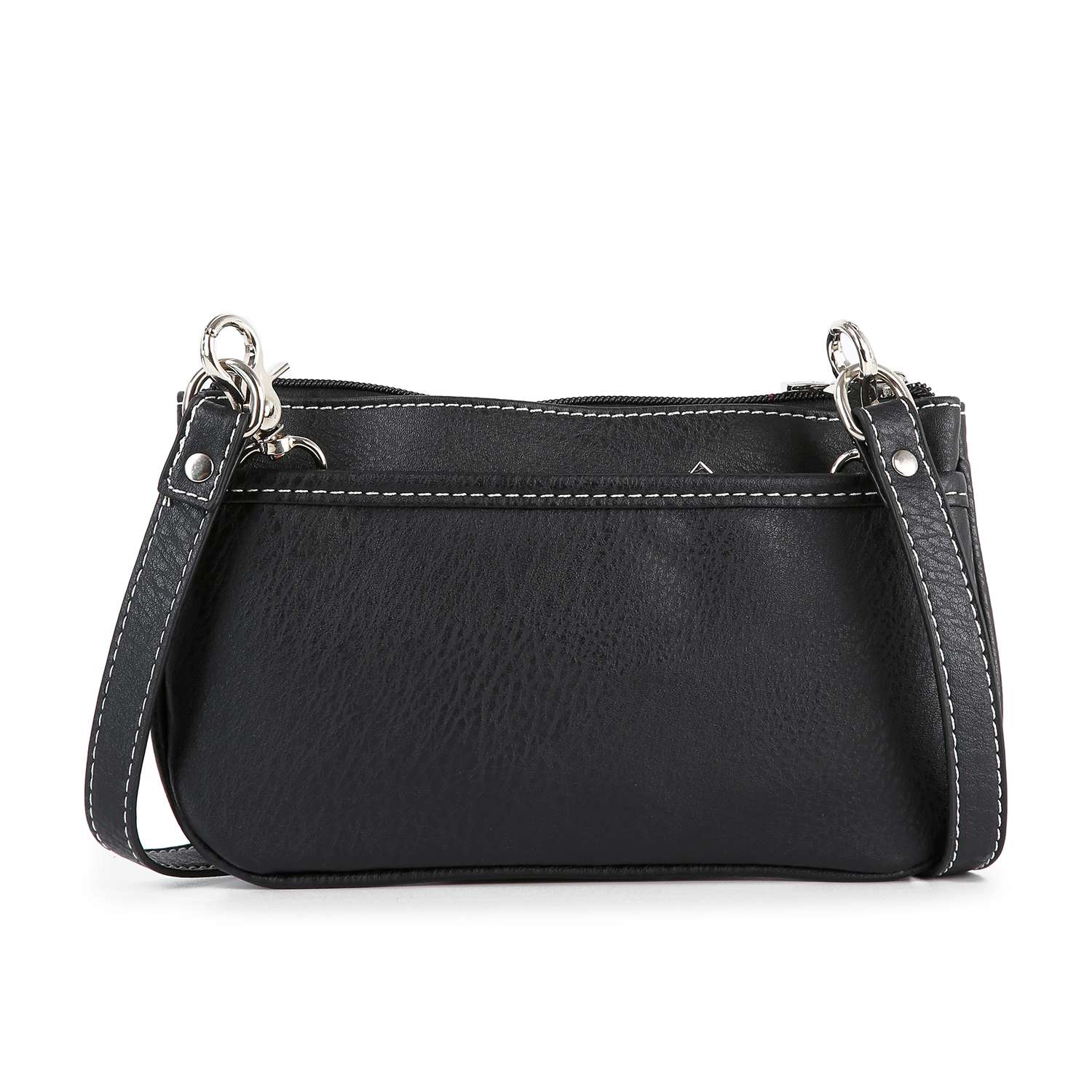 The Western Buckle Design Petite Crossbody Sling is a small black faux leather bag with a detachable shoulder strap, silver hardware, and white contrast stitching along the edges.
