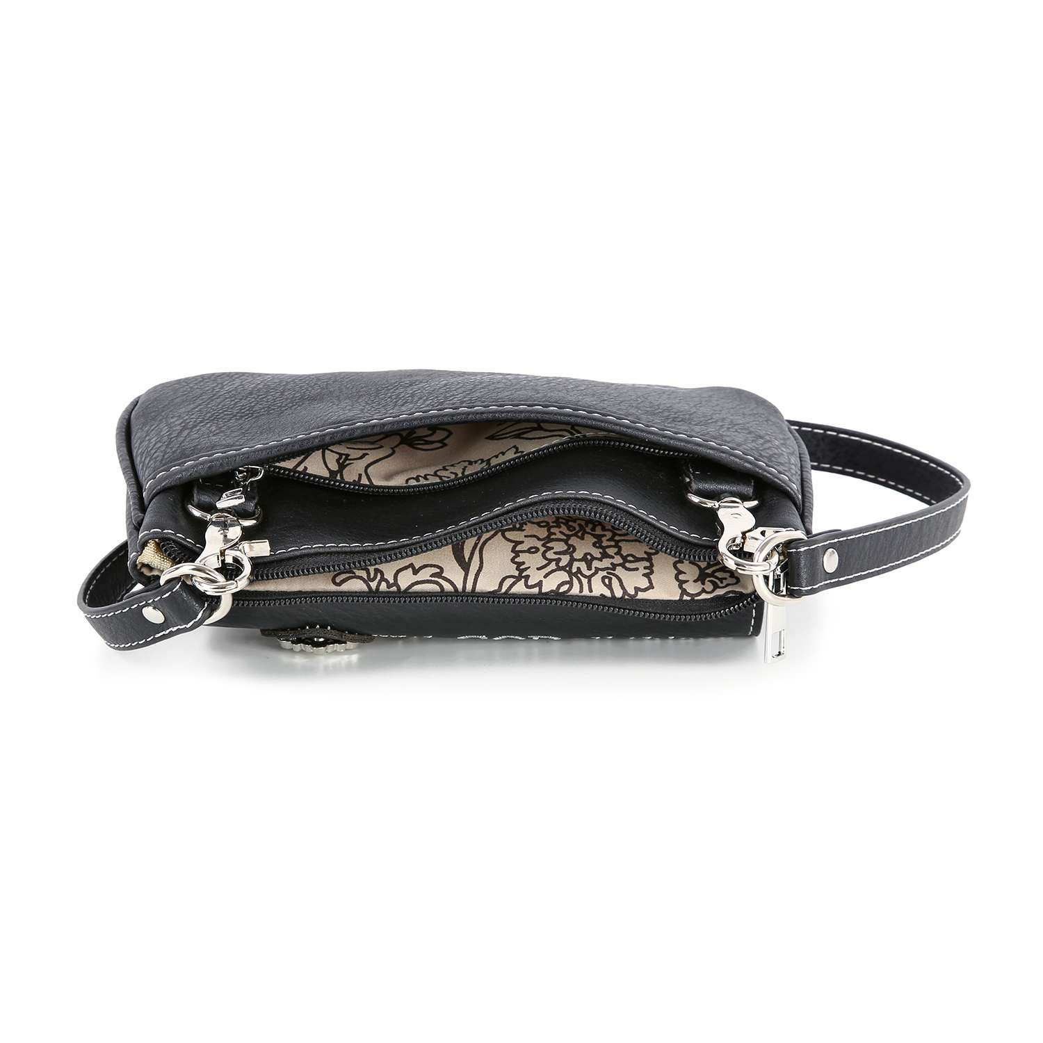 The Western Buckle Design Petite Crossbody Sling is a small black faux leather purse with a wrist strap on one side and a partially open zipper revealing floral-patterned fabric lining inside.