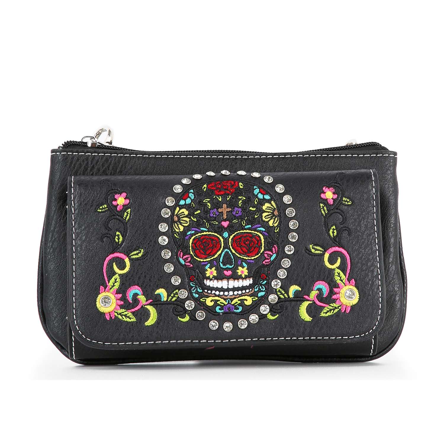 The Colorful Sugar Skull Petite Crossbody Sling is a black western bag with vibrant embroidered sugar skull and floral designs, silver stud accents, and white stitching, shown on a plain white background.