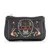The Colorful Sugar Skull Petite Crossbody Sling is a black western bag with vibrant embroidered sugar skull and floral designs, silver stud accents, and white stitching, shown on a plain white background.